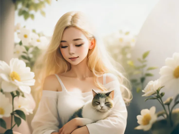 beautiful woman，18 years old，Holding a sleeping kitten，charming smile，light summer clothes，flowing air，The soft sunlight illuminates her face，Joyful expressions and brilliant happiness，The aura of purity and innocence，masterpiece：1.2，Super fine，Realistic：1...