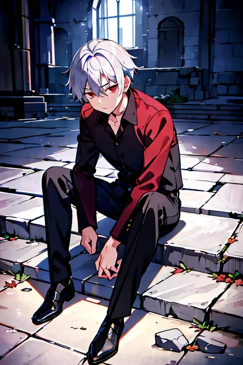 A quiet high school boy with silver hair, red eyes, cold eyes, and wearing a black shirt. black slacks Good leather shoes along with sitting on a pile of corpses of monsters