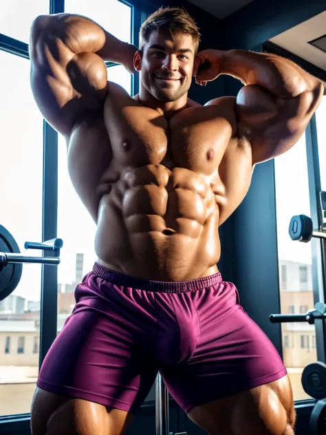 Ultra-detailed, materpiece,hdr,uhd,vibrant colors, steong masculine facial features,Bulky toned muscular gay guy in the gym, intense gaze, wearing gymshorts, huge bulge, daylight, window, sunbeams on muscles, massive legs, barefeet, nice toes, bright light...