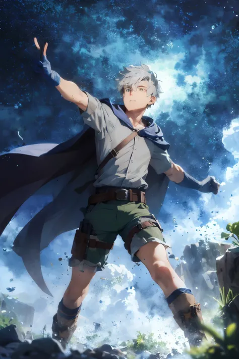 design 1 man throwing a fireball., 22 year old man with dark blue hood and cape..light gray hair gray eyes wears a white button-...