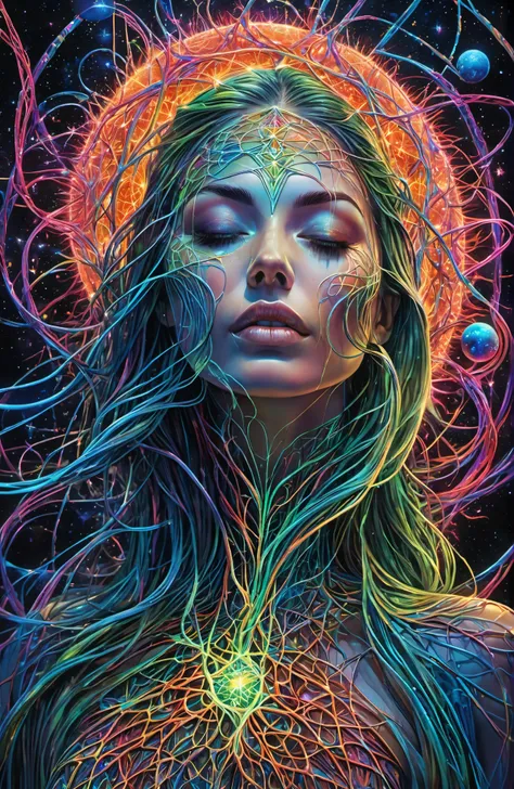 masterpiece, best quality, ultra high res, extremely detailed, (psychedelic art:1.4), woman, veil, visually stunning, beautiful,...