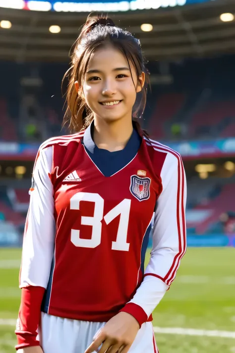 (best quality, masterpiece:1.1), (realistic, photo-realistic:1.1), ultra-detailed, cinematic lighting, light glow, Japanese girl, (athlete:1.1), beautiful detailed eyes, beautiful detailed devil teeth, (full body:1.1）, Roman nose, beautiful soccer player、R...