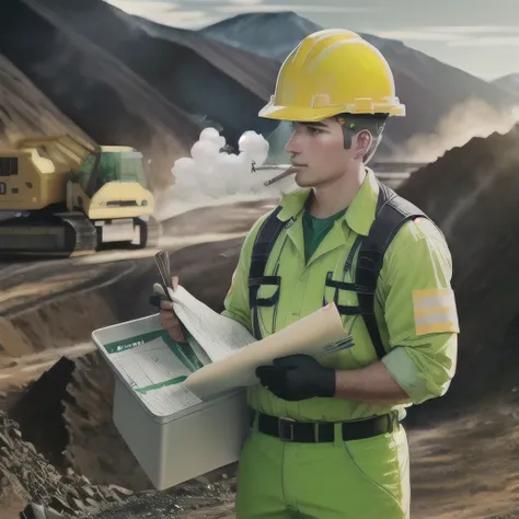 A mining employee wearing a white work helmet wearing highlighter green and dark blue work clothes in the mining area while smoking