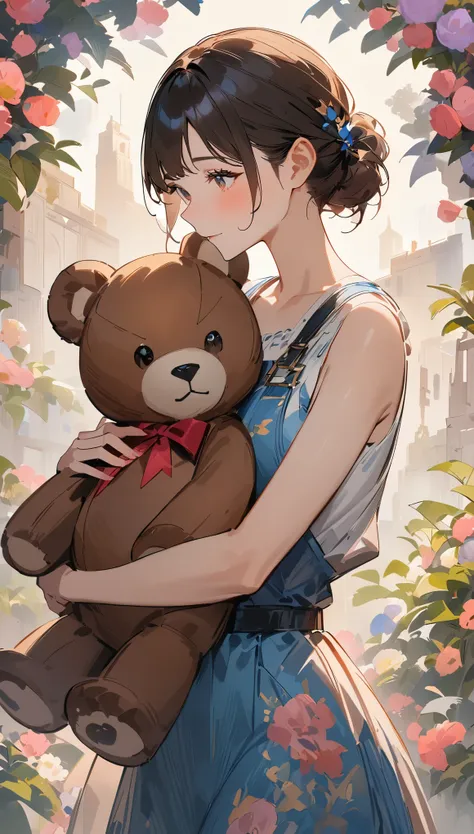 (((simple configuration)))、(((the background is a white wall:1.2)))、one girl、(((hug a giant teddy bear)))、perfect anatomy、painte...