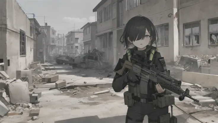 (best quality, high qualitys:1.3), 1girl, female_solo, (hair over one eye), short_hair, blonde-hair, ((tactical headset)), ((grey eyes)), ((tactical vest)), holding_weapon, holding, holding_gun, holding_rifle, rifle, assault_rifle, aiming, finger_on_trigge...