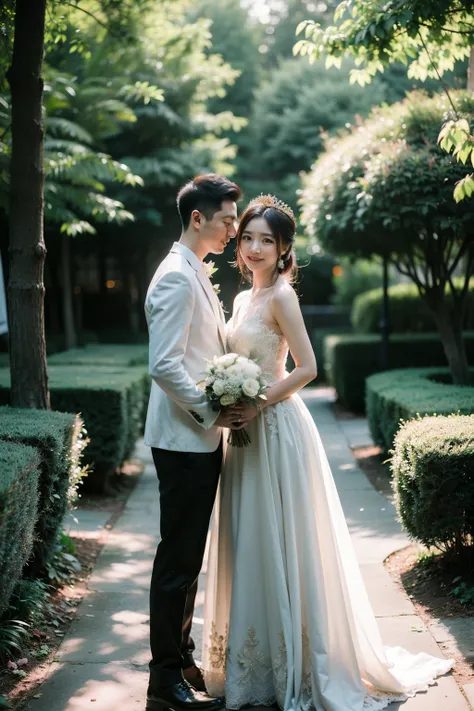 wedding photos，Portrait photography，forest style wedding dress，dreamy colors，An elegant Chinese couple，One wears a white wedding dress and an elaborate tiara，The other one is wearing a formal suit，Smile，looking into camera，plant，flowers，forest，light gold a...