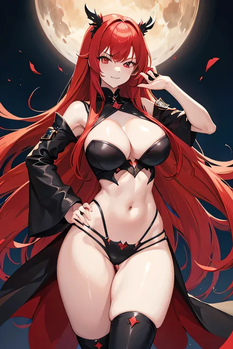 1girl, red hair colour, long hair, cute, villain pose, full white skin, body, black skimpy magician clothing, d cup breasts, thicc, big breasts, big hips, white skin, tall, standing, anime girl, 2d, 4K, masterpiece, high quality, looking forward, angry eye...