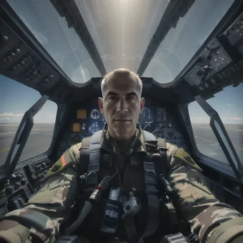 arafed man in a military uniform sitting in a cockpit of a plane, fighter pilot in the cockpit, military photography, highly det...