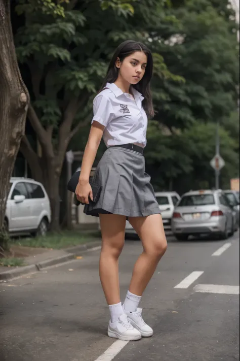 A high school student girl, high , white short-sleeved shirt, and short gray skirt, black shoes, looks scary carrying a long-barreled firearm, standing in the middle of the city