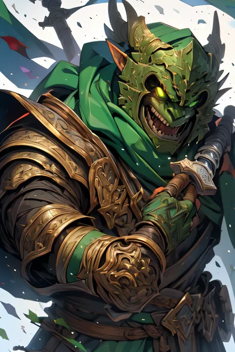 Good Orc, Ax , green orc, warrior, Dark green skin color, very kind, cheery , in full height, Race orc., blunt face, A kind face, Smiling, Dark green hands, Completely dark green skin color, D&D.