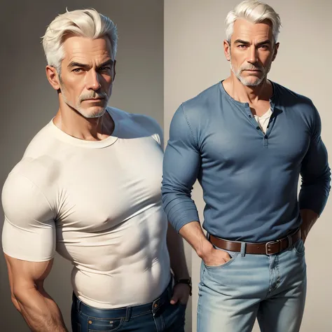 handsome man around 55 years old wearing jeans and thank top on a neutral background