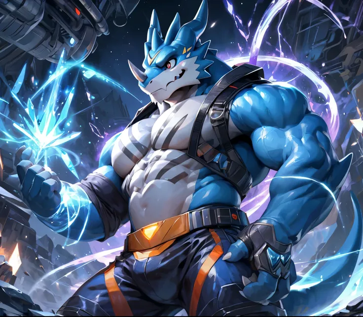 masterpiece,high quality,anime,detailed eyes, male exveemon, great physique,strong arms manly, in the digital world, exploring t...