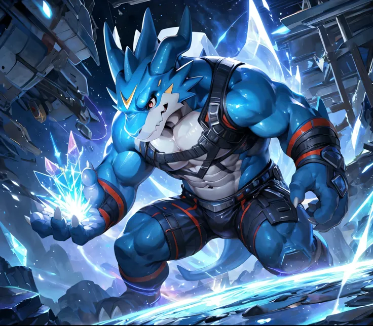 masterpiece,high quality,anime,detailed eyes, male exveemon, great physique,strong arms manly, in the digital world, exploring t...