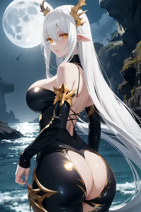 sea, long white hair, dragon girl with tail, Heterochromia eyes, big breast,big ass, black and gold bodysuit, moonlight, front view, 