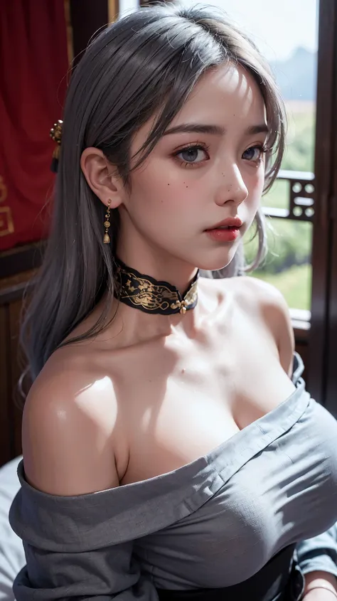 best quality, masterpiece, ultra high res, (photorealistic:1.4), 1girl, off-shoulder shirt, ((traditional chinese dress:1)), bla...