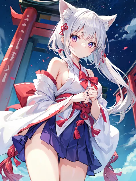 （masterpiece）、(highest quality)、((Super detailed))、(super delicate)、Erotic cute shrine maiden、silver hair、Kemonomimi、beautiful breasts、beautiful thighs、Gorgeous、fantastic light、look up from below