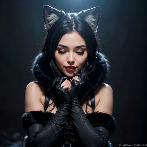 An artistic vision of a witch dressed in winter gothic Lolita attire with fox fur scarf. She has a fox fur gloves on her hands. Half smile. One eye closed. Dark forest. Disheveled hair. Close-up shot. Cluttered maximalism. Low-key lighting. Photorealistic....