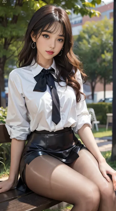 ((full body)), ((from below)), ((sit on a park bench)), ((realistic)), 1 girl, looking at the viewer, detailed scene, Medium long brown hair、bangs ，(Wearing shiny pantyhose preferred by pantyhose fetishists),((Blouses of white color, Black short tight skir...