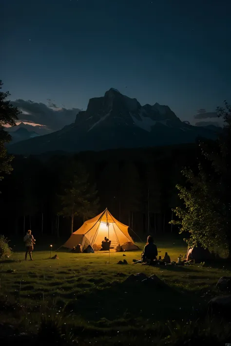 adventurer camp in the forest, thème heroic fantasy, sky at dawn