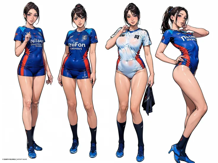 ((masterpiece)),(((best quality))),((character design sheet)), ((full body view)),((vulgar)), illustration,thick thighs,1girl,big tits,((between breasts)),pussy juice,wearing an Wet sexual soccer uniform and soccer shoes,shirt harf lift