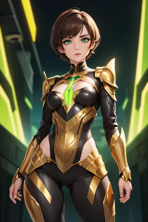 ((Masterpiece)) ((Perfect Face)) ((Beautiful)) ((Small Breasts)) ((portrait)) ((Wide Hips)) ((Broad Shoulders)) ((lithe physique)) ((black and gold sci-fi Armor)) ((Super Powers)) ((short Hair)) ((brown Hair)) ((Pale Skin)) ((Glowing green Eyes)) ((promine...