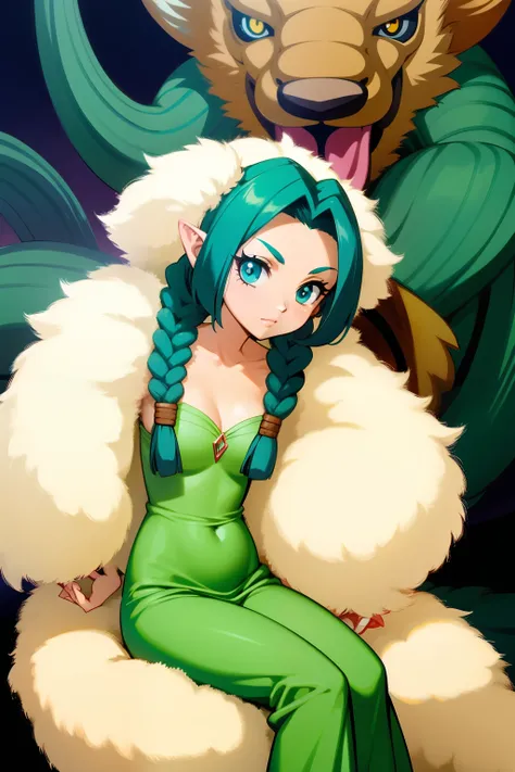 Garota cabelo verde.with braids, fantasia de guerreira anime