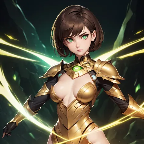 ((Masterpiece)) ((Perfect Face)) ((Beautiful)) ((Small Breasts)) ((portrait)) ((Wide Hips)) ((Broad Shoulders)) ((lithe physique)) ((revealing black and gold sci-fi Armor)) ((Super Powers)) ((short Hair)) ((brown Hair)) ((Pale Skin)) ((Glowing green Eyes))...