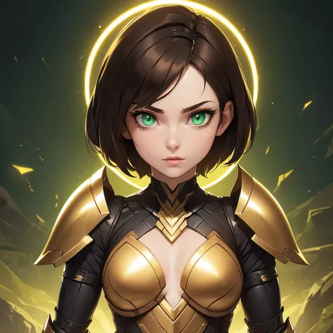 ((Masterpiece)) ((Perfect Face)) ((Beautiful)) ((Small Breasts)) ((portrait)) ((Wide Hips)) ((Broad Shoulders)) ((lithe physique)) ((revealing black and gold sci-fi Armor)) ((Super Powers)) ((short Hair)) ((brown Hair)) ((Pale Skin)) ((Glowing green Eyes))...