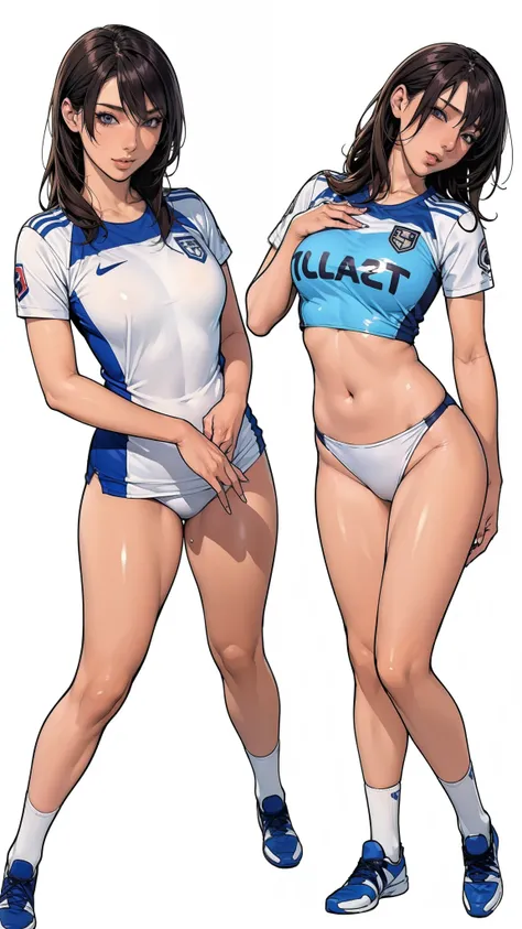 ((masterpiece)),(((best quality))),((character design sheet)),((vulgar)),thick thighs,1girl,big tits,((between breasts)),pussy juice,wearing an Wet sexual soccer uniform and soccer shoes,shirt harf lift