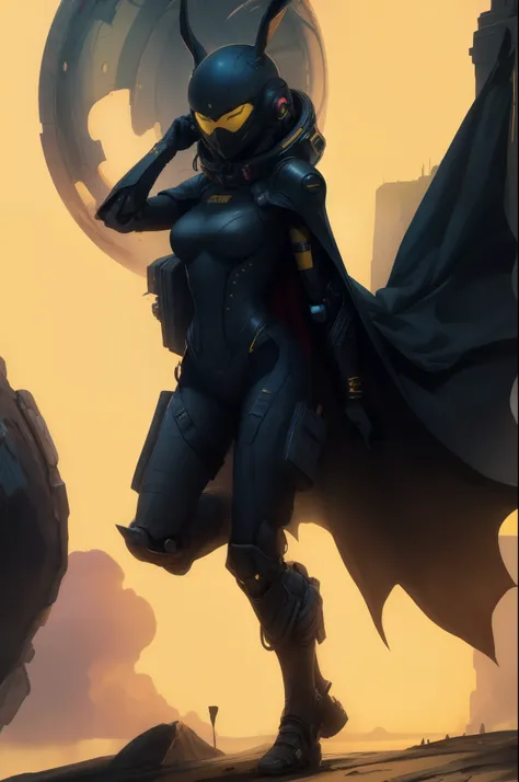 a close up of a person in a space suit with a helmet and a cape, in a dark space mercenary outfit, black armor with yellow accents, full body x-force outfit, cyberpunk suit,stealth suit, black armored uniform, yellow space suit, mechanical bunny ears