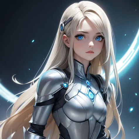 ((Masterpiece)) ((Perfect Face)) ((Beautiful)) ((Small Breasts)) ((portrait)) ((Wide Hips)) ((Broad Shoulders)) ((hourglass physique)) ((revealing blue and silver sci-fi Armor)) ((Super Powers)) ((long Hair)) ((blonde Hair)) ((Pale Skin)) ((Glowing blue Ey...