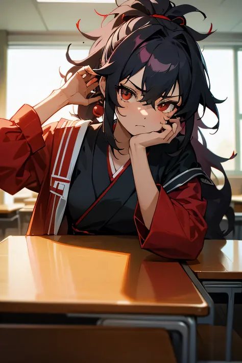 Tall, Badass, Kuudere, Red and Black Mixed wavy, messy and ponytailed hair, Tan skin, a small scar on her left red vermillion eye, dark black pince-nez sunglasses on top of her head along with a pearl earring in her right ear, she wears a standard Japanese...