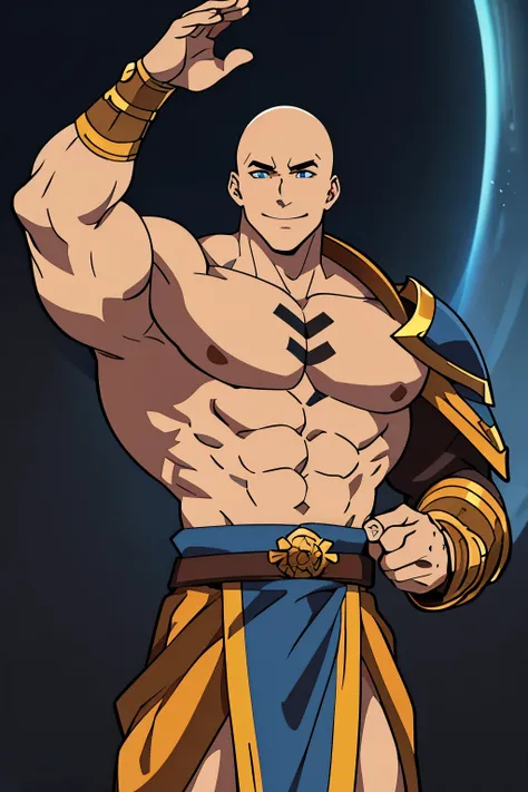 goliath monk, (((pale blue-ish skin color))), brown hood, HUGE JACKED GOLIATH MONK, huge smile, very happy, flexing huge muscles, (bald hairstyle), black pants, maroon belt, deathly pale blue skin, male, ((huge scar on chest)), (high-quality, breathtaking)...