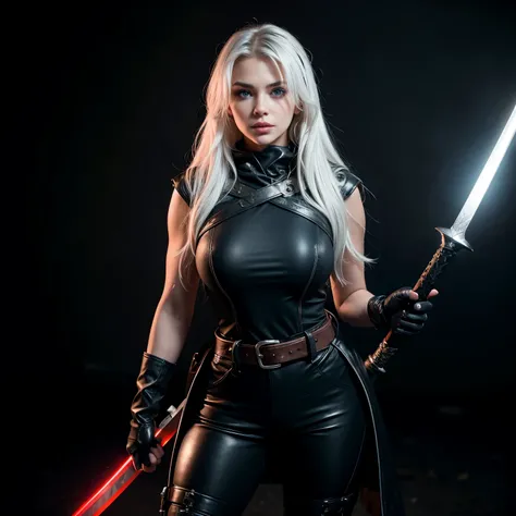 1girl, solo, long hair, looking at viewer, blue eyes, gloves, holding, standing, weapon, white hair, cowboy shot, open clothes, black gloves, belt, sword, hood, holding weapon, armor, coat, torn clothes, glowing, holding sword, black pants, hood down, arm ...