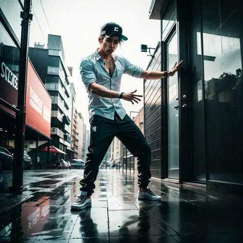 THE PLACE IS RAINING A LOT THERE IS A PERSON DANCING IN THE RAIN A MAN DOING HIPHOP DANCE
