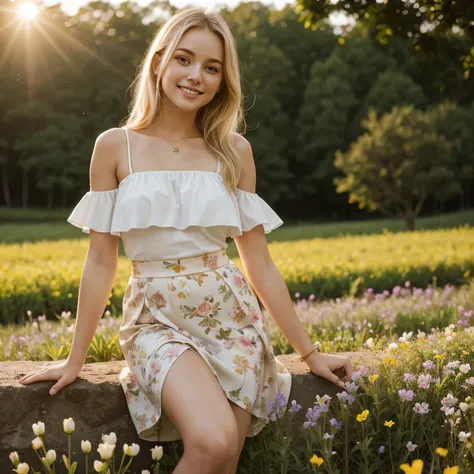 young blonde woman smile  sexy top , bottom skirts,  in spring flowers plantation golden hour