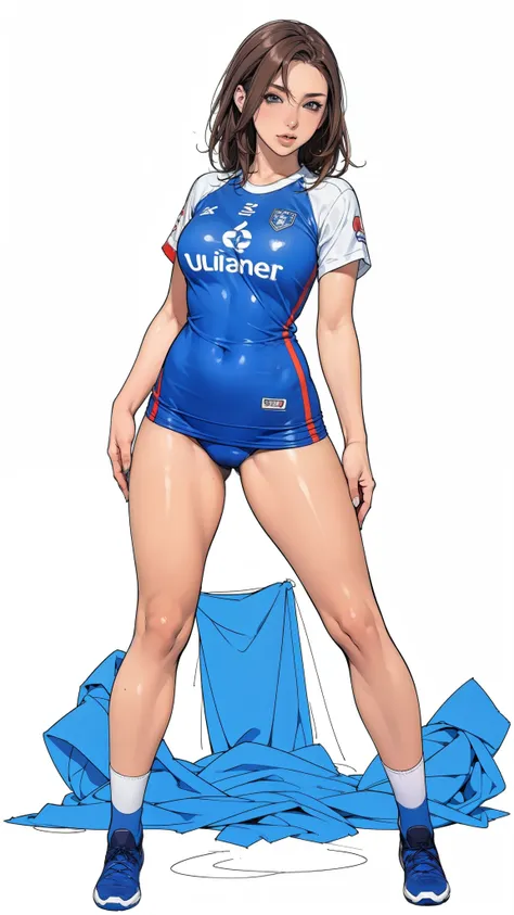 ((masterpiece)),(((best quality))),((character design sheet)),((rough sketch)),((vulgar)),thick thighs,1girl,big tits,((between breasts)),pussy juice,wearing an Wet sexual soccer uniform and soccer shoes,shirt harf lift