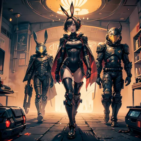 a close up of a person in a space suit with a helmet and a cape, in a dark space mercenary outfit, black armor with yellow accents, full body x-force outfit, cyberpunk suit,stealth suit, black armored uniform, yellow space suit, mechanical bunny ears, a fa...