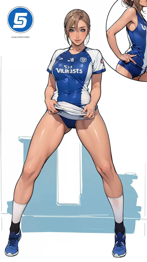 ((masterpiece)),(((best quality))),((character design sheet)),((rough sketch)),((vulgar)),thick thighs,1girl,big tits,((between breasts)),pussy juice,wearing an Wet sexual soccer uniform and soccer shoes,shirt harf lift