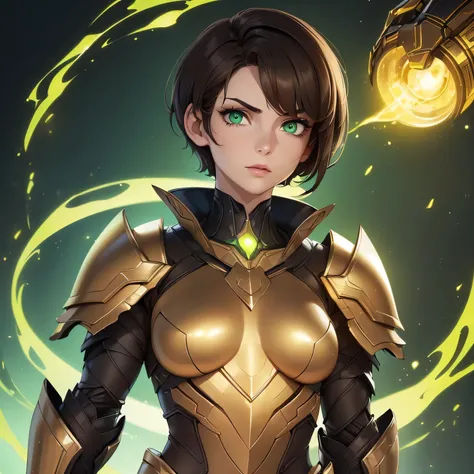 ((Masterpiece)) ((Perfect Face)) ((Beautiful)) ((Small Breasts)) ((portrait)) ((Wide Hips)) ((Broad Shoulders)) ((wiry physique)) ((revealing black and gold sci-fi Armor)) ((Super Powers)) ((short Hair)) ((brown Hair)) ((Pale Skin)) ((Glowing green Eyes)) ...