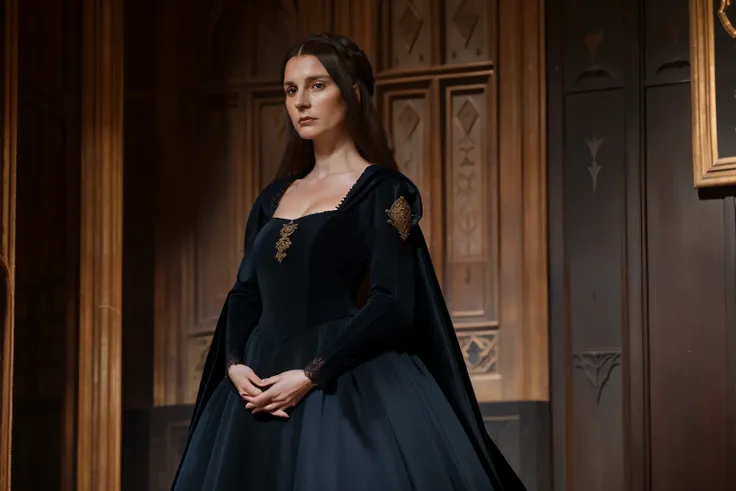 England, 1349. A young ((((37-year-old)) lady)), tall, delicate features, english beauty, heart-shaped face, in a palace, ((furious and indignant expression)). ((((clothings from the 1340s, dark gown)))), ((hairstyle of the 1340s))