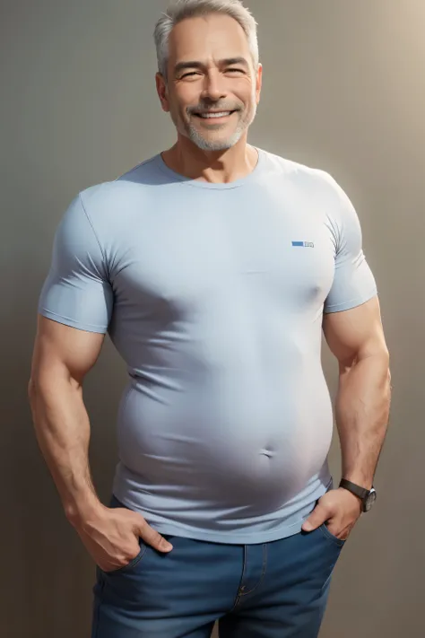 A man with normal body with belly around 55 years old, smiling wearing a jeans and a t-shirt, standing on a neutral background
