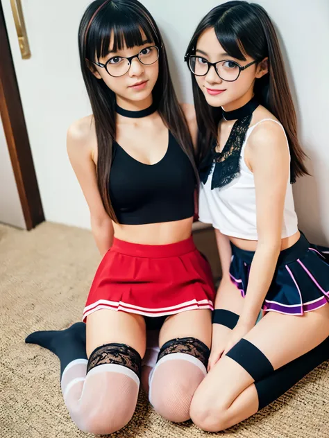 two 18 year old tween girls, two close friends, sitting or kneeling or bending over, showing legs, perfect faces like Asian teen models, colored hair, kawai girls, colored skirt, strap, choker, skinny body, innocent expression, enticing, garter with stocki...