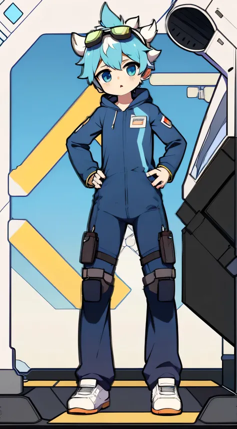 2D boy Shota，One-piece mountaineering suit，Slim, healthy body，Put the headphones on your head，stand up，goggles，horns