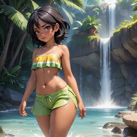 ((Brazilian teenager)), ((tanned skin)), ((walking in a bikini)), ((lush waterfall)), ((tiny boobs:0.2)), ((flat chested:1.4)), ((hips extremely thick)), ((generous culottes)), ((thick legs)), ((fat thighs)), ((dark hair wet from water)), ((radiant look)),...