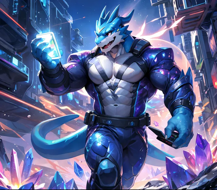 masterpiece,high quality,anime,detailed eyes, male exveemon, great physique,strong arms manly, in the space, walking in the city...