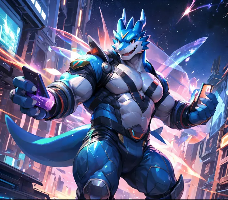 masterpiece,high quality,anime,detailed eyes, male exveemon, great physique,strong arms manly, in the space, walking in the city...