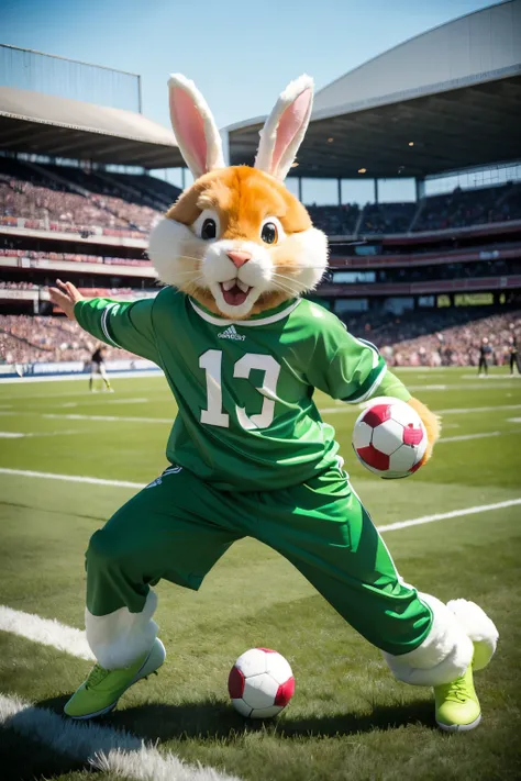 In the vibrant spring setting, a jolly green Easter bunny dons a athletic outfit, hopping enthusiastically on a sprawling football field. The grass beneath his paws is a lush, emerald green, reflecting the cheerful energy of the season. His oversized ears ...