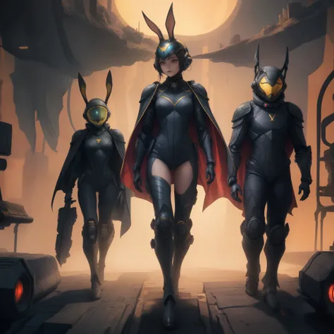 a close up of a person in a space suit with a helmet and a cape, in a dark space mercenary outfit, black armor with yellow accents, full body x-force outfit, cyberpunk suit,stealth suit, black armored uniform, yellow space suit, mechanical bunny ears