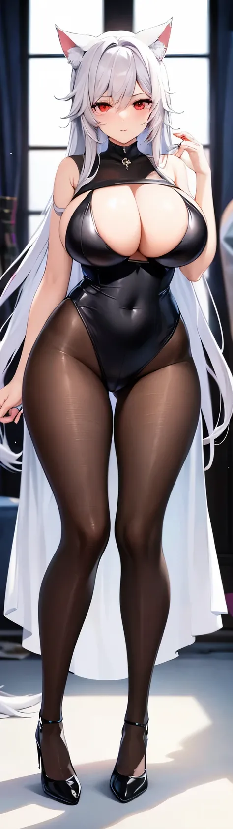 highest quality　High resolution　one young beautiful woman　red eyes　beautiful white hair　medium perm　cute soft girl　Cat ear　The huge breasts of a virgin killer with amazing charm　bbw　open your legs vertically　standing on one leg